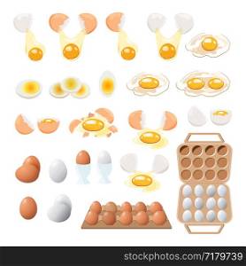 food icon. Chicken boiled,broken and raw eggs brown and white color.An egg in the shell and box ,half an egg with the yolk. Illustration in cartoon style.. Fried egg set. Fast food. Cooking lunch, dinner or breakfast. Natural product. Cooked omelet.