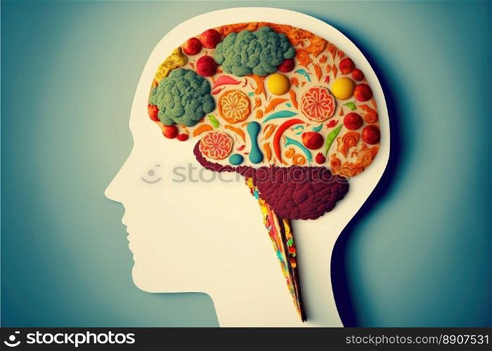 Food in a shape of a brain on a blue background. Nutrition concept. Generative AI