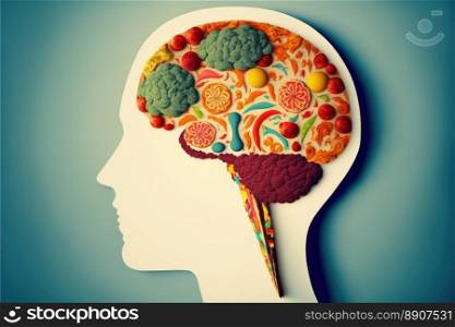 Food in a shape of a brain on a blue background. Nutrition concept. Generative AI