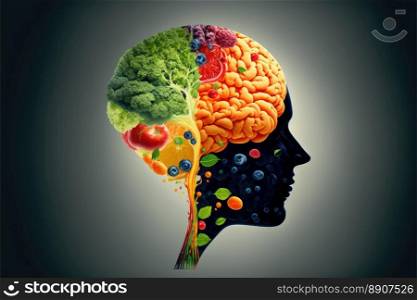 Food in a shape of a brain on a dark background. Nutrition concept. Generative AI