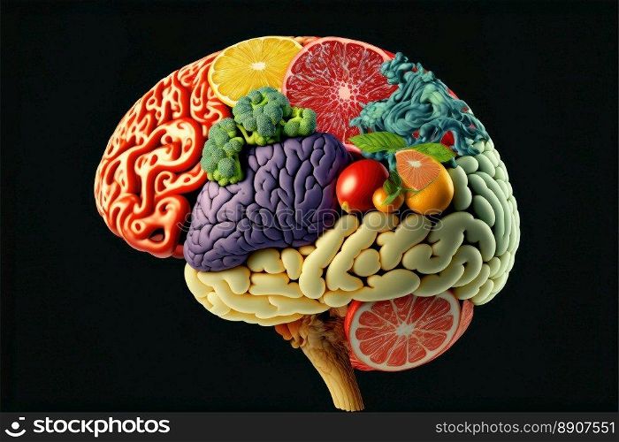 Food in a shape of a brain on a dark background. Nutrition concept. Generative AI