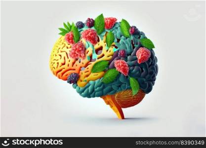 Food in a shape of a brain on a white background. Nutrition concept. Generative AI