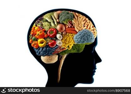 Food in a shape of a brain on a white background. Nutrition concept. Generative AI