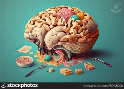 Food in a shape of a brain on blue background. Nutrition concept. Generative AI 