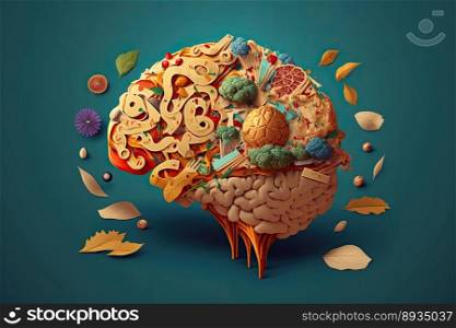 Food in a shape of a brain on blue background. Nutrition concept. Generative AI 