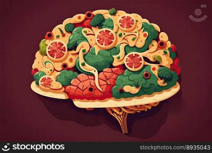 Food in a shape of a brain on burgundy background. Nutrition concept. Generative AI 