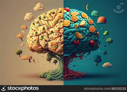 Food in a shape of a brain on colorful background. Nutrition concept. Generative AI 
