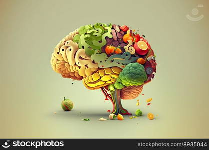 Food in a shape of a brain on dark background. Nutrition concept. Generative AI 