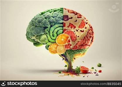 Food in a shape of a brain on dark background. Nutrition concept. Generative AI 