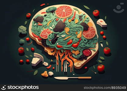 Food in a shape of a brain on dark background. Nutrition concept. Generative AI 