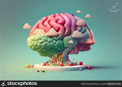 Food in a shape of a brain on dark background. Nutrition concept. Generative AI 