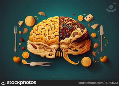 Food in a shape of a brain on dark green background. Nutrition concept. Generative AI 