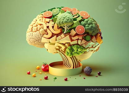 Food in a shape of a brain on green background. Nutrition concept. Generative AI 