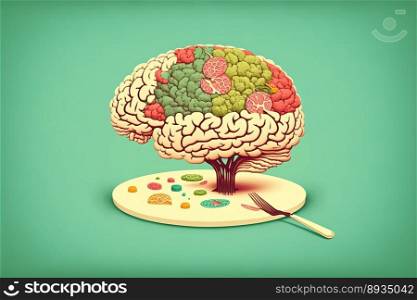 Food in a shape of a brain on green background. Nutrition concept. Generative AI 