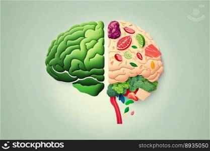 Food in a shape of a brain on green background. Nutrition concept. Generative AI 