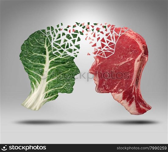 Food information and eating health balance exchange concept related to choices with a human head shape green vegetable kale leaf and a piece of red meat steak for nutritional fitness and lifestyle decisions and diet facts.