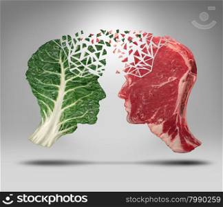 Food information and eating health balance exchange concept related to choices with a human head shape green vegetable kale leaf and a piece of red meat steak for nutritional fitness and lifestyle decisions and diet facts.