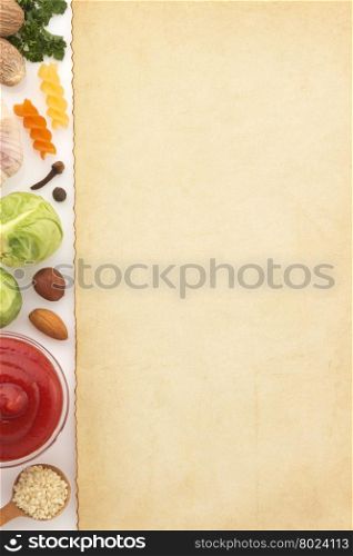 food ingredients and paper isolated on white background