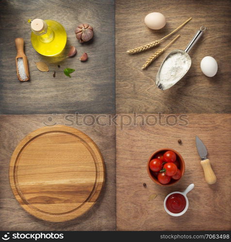 food ingredients and spices at wooden table, top view