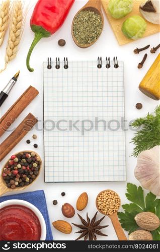 food ingredients and spices isolated on white background