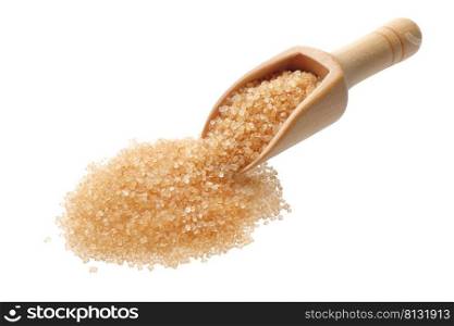 Food ingredients  heap of cane sugar demerara in a wooden scoop, isolated on white background. Cane sugar in a wooden scoop