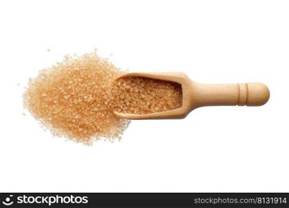 Food ingredients  heap of cane sugar demerara in a wooden scoop, isolated on white background. Cane sugar in a wooden scoop