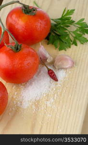 Food ingredients on the oak table closeup shot.