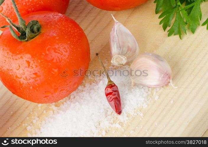 Food ingredients on the oak table closeup shot.