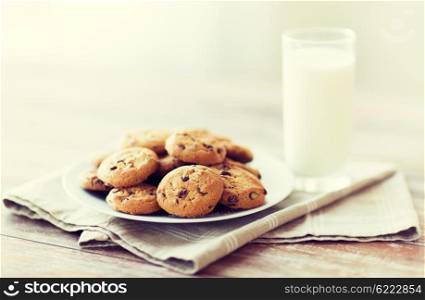food, junk-food, culinary, baking and eating concept - close up of chocolate oatmeal cookies and milk glass on plate