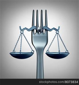 Food law and legal regulations concept with a kitchen fork shaped as a scale of justice as a symbol for nutrition inspection or eating legislation rules as a 3D illustration.