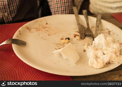 Food leftovers. Dirty plate and cutlery after the meal is finished.