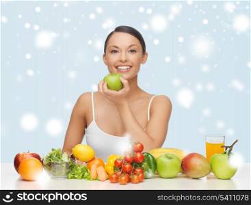 food, nutrition, slimming, diet concept - healthy woman with lot of fruits and vegetables in front