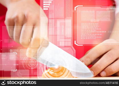 Food preparation. Close up of cook hands cutting vegetables with knife