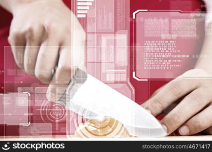 Food preparation. Close up of cook hands cutting vegetables with knife