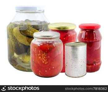 Food preservation. Various jars with marinated vegetables
