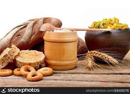 Food products made from wheat. Isolated on white.
