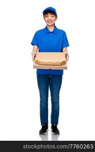 food, service and job concept - happy smiling delivery woman in blue uniform with takeaway pizza boxes over white background. delivery woman with takeaway pizza boxes