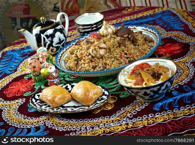 food set Central Asian cuisine - plov, lagman,sherbet and samsa