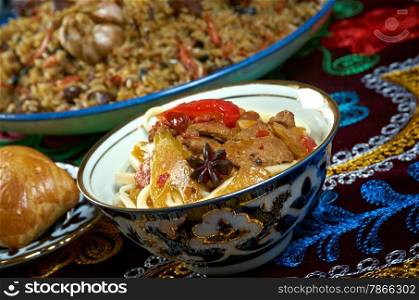 food set Central Asian cuisine - plov, lagman,sherbet and samsa