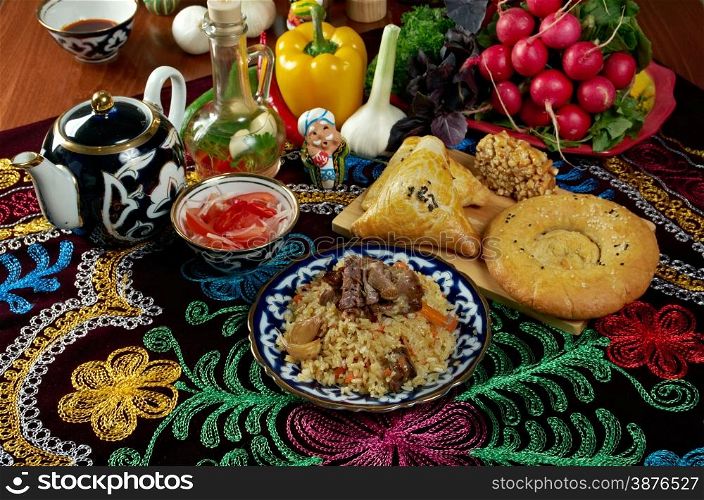 food set Central Asian cuisine - plov, lagman,sherbet ,manti