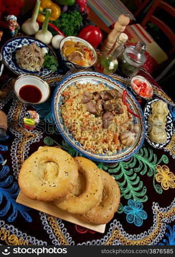 food set Central Asian cuisine - plov, lagman,sherbet ,manti