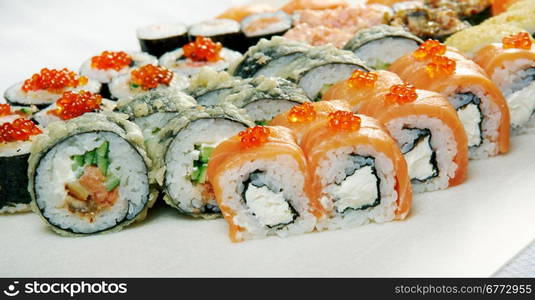 Food set of different Japanese Cuisine - Sushi Roll .