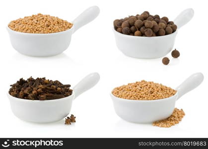 food spices collage in bowl isolated on white background