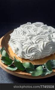 food, sweets and objects concept - close up of meringue or zephyr cake on wooden stand with eucalyptus branch over dark background. close up of zephyr cake on wooden stand