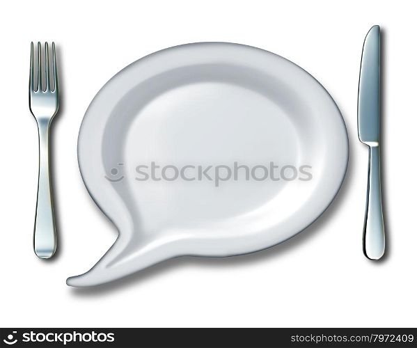 Food talk concept with a word bubble or talk speach message with a white blank ceramic kitchen plate shaped as a comic book communication icon with a fork and knife table setting as a symbol of diet and nutrition ideas.