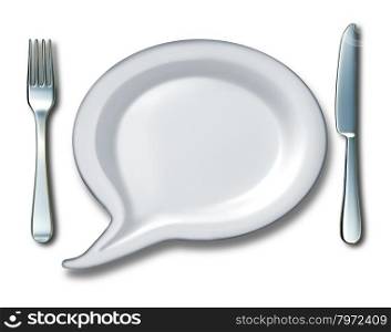Food talk concept with a word bubble or talk speach message with a white blank ceramic kitchen plate shaped as a comic book communication icon with a fork and knife table setting as a symbol of diet and nutrition ideas.