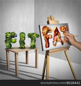Food temptation concept as a green vegetables shaped as the word fit with a painter painting the text fat made of greasy fast food as a nutrition health metaphor for craving and having an obsession with unhealthy snacks with 3D illustration elements.