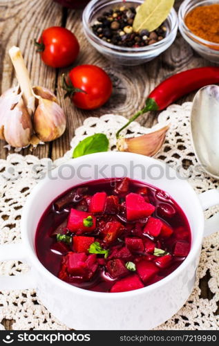 Food without meat. Vegetarian vegetable soup with beetroot. Studio Photo. Food without meat. Vegetarian vegetable soup with beetroot
