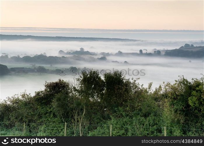 Foogy Autumn landscape over agricultural fields with layers of fog