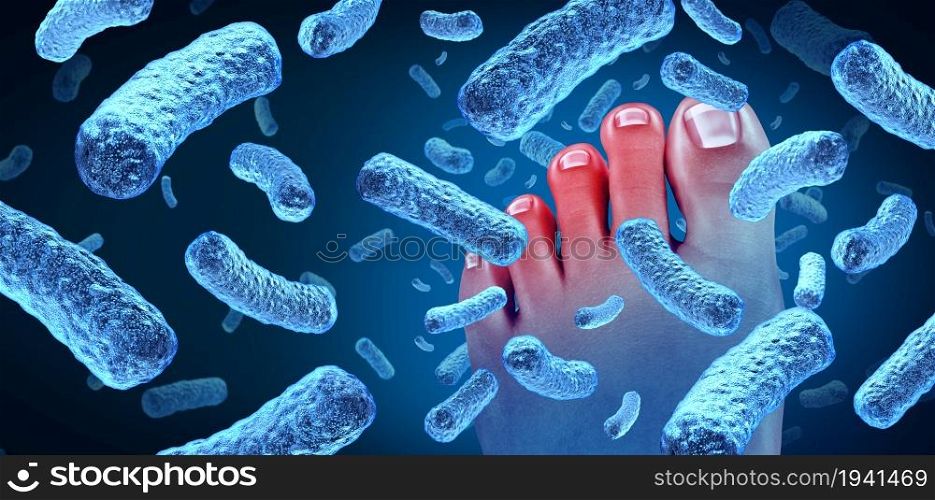 Foot bacteria disease causing a smelly odor as a human body showing toes with bacterial infection danger as a symbol of skin illness as a podiatry or podiatric medicine concept on a blue background with 3D illustration elements.